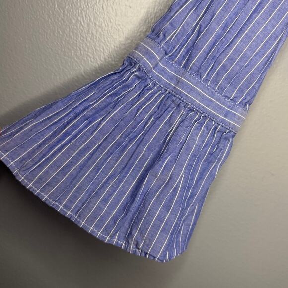 Loft M Button Blue Shirt Floral Embroidered Stripe Chambray Flaired Long Sleeve - Picture 6 of 7